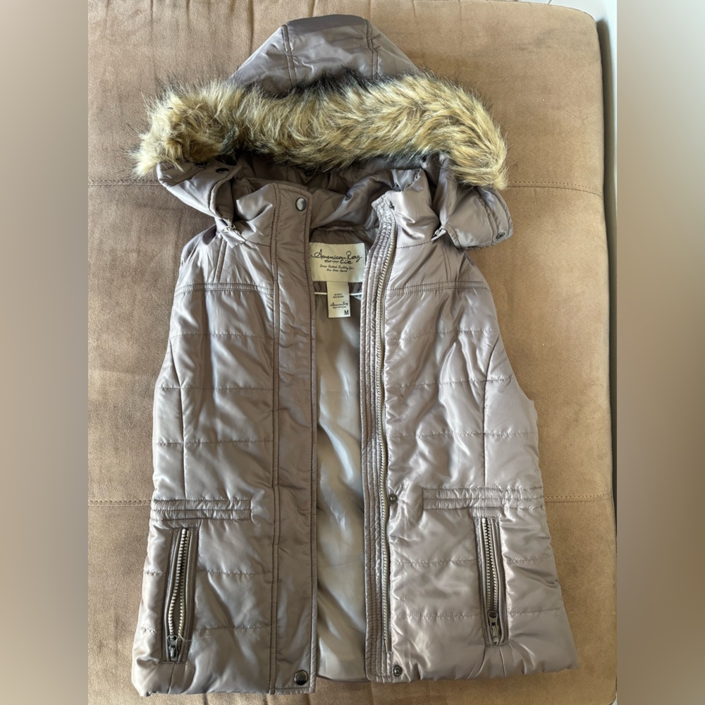 American Rag Grey Puffer Vest with Faux Fur Hood